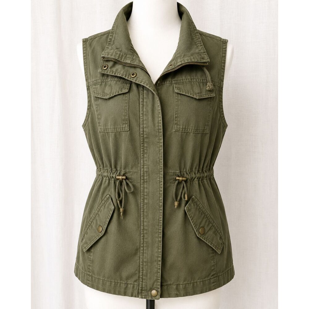 Sebby Olive Utility Cargo Vest Cotton Drawstring Safari Military Jacket L